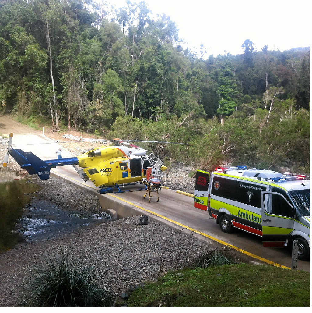 The Sunshine Coast RACQ CareFlight Rescue helicopter lands briefly near Imbil as part of a mission to help an injured trail bike rider. The Sunshine Coast RACQ CareFlight Rescue helicopter lands briefly near Imbil as part of a mission to help an injured trail bike rider.